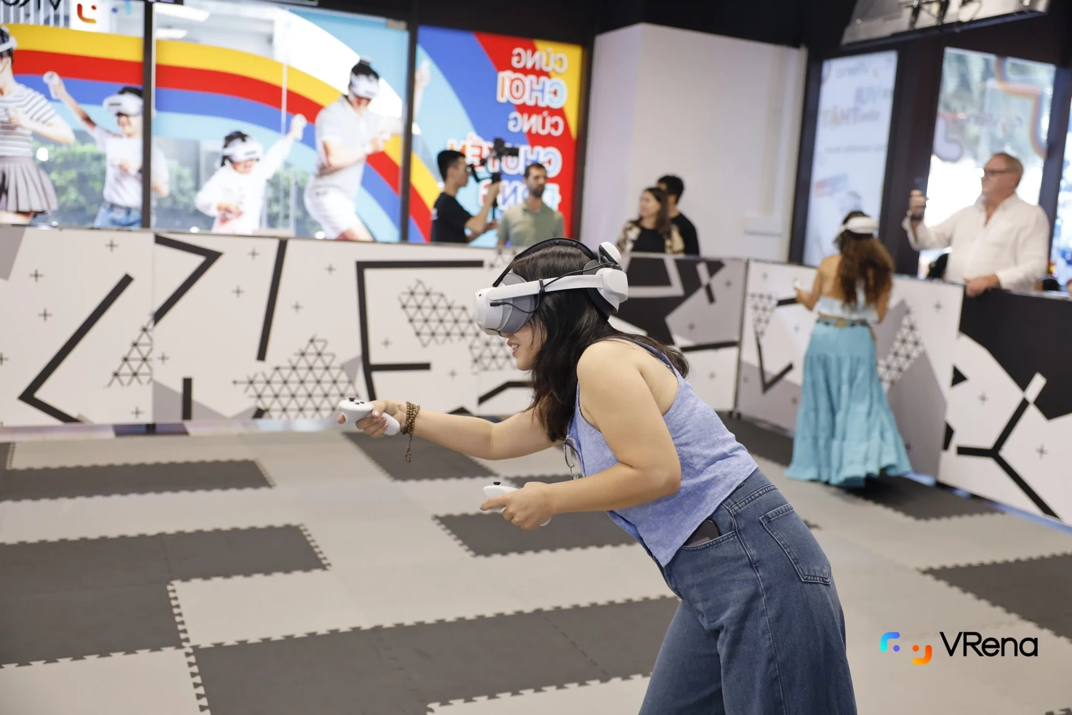 A guest leaning into an open-world VR challenge